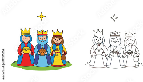 Cute Three Wise Men vector illustration set featuring colored characters and black and white outline for coloring page, Biblical Magi with gifts and Christmas Star for Epiphany holiday.