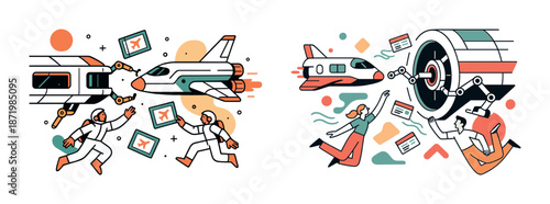 Space travel illustration with astronauts and spacecrafts in action