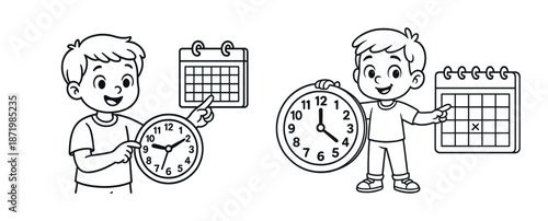 Cartoon boys learning time with clock and calendar