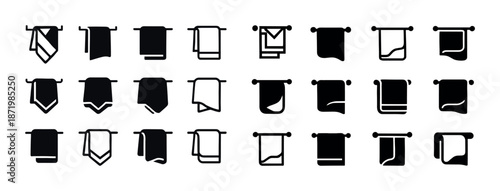 Set of towel icons on rods in various styles and hanging positions