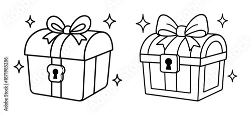 Outlined treasure and gift boxes with ribbons and sparkles on white background