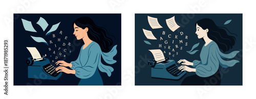 Young caucasian female writer at typewriter with flying papers and letters