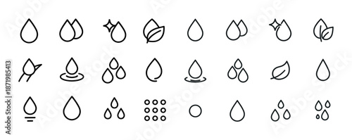 Water droplets and leaf line icons collection on white background