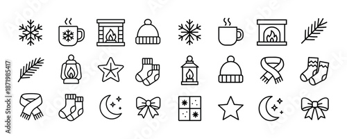Winter icons set: hats, socks, snowflakes, fireplace, lantern, scarf, hot beverages, moon, stars, gift bow