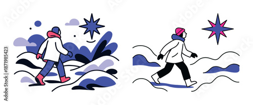 Cartoon winter scene featuring two figures walking in snowy landscape