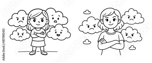Illustration of emotion clouds with confident asian girl and calm woman