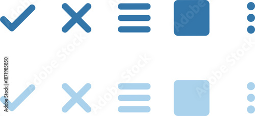Blue user interface navigation icons set featuring checkmark, cross, menu bars, square button, and vertical ellipsis symbols.