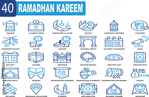 Islamic religious holiday design icon with neat and contemporary Ramadhan Kareem decoration icon set