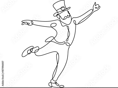 Continuous Line Art Vector of a Dancing Gentleman in a Top Hat and Suit, Expressing Joy and Financial Success. Minimalist Single Line Drawing of a Happy Showman or Rich Archetype.