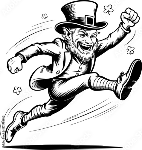 Dynamic Black and White Leprechaun Mascot Jumps High in Vintage Engraving Style Vector Illustration, Perfect for St. Patrick's Day Design, Irish Pub Logos, or Sporting Team Branding