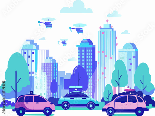 Futuristic cityscape with self-driving cars and drones in flight