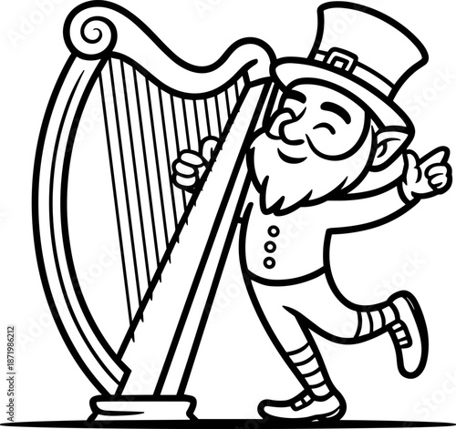Joyful Cartoon Leprechaun Playing a Celtic Harp Vector Outline Illustration - Festive Black and White Line Art for St. Patrick's Day Celebrations, Irish Music, and Holiday Design