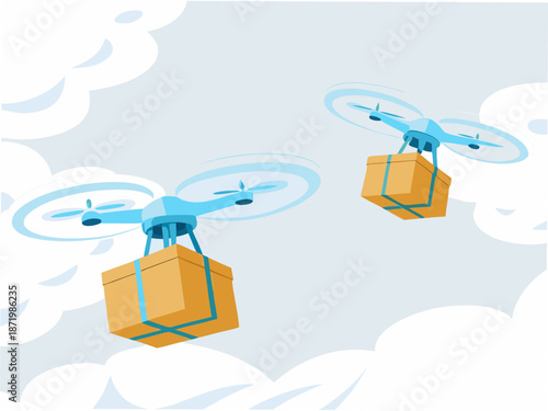 Drones flying with packages in the sky