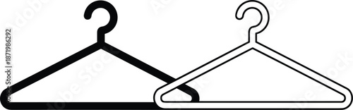 Simple black and white clothes hanger icons set for fashion retail, laundry services, and domestic wardrobe organization.