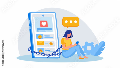 Digital addiction concept woman chained to her smartphone with social media