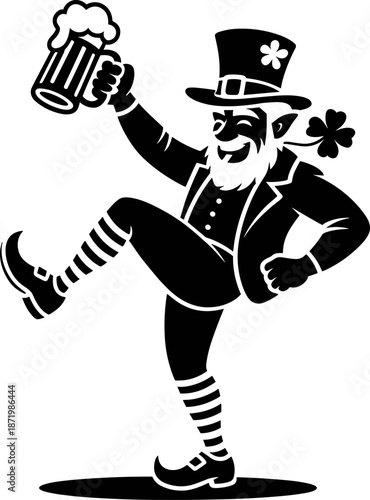 St. Patrick's Day Celebration Vector Icon: Jolly Leprechaun Silhouette Raising a Foaming Mug of Beer, Dancing Cheerfully in a Top Hat and Striped Socks.