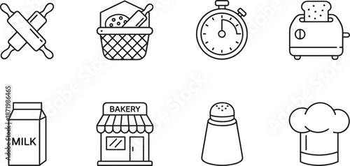 Set of bakery and kitchen line icons featuring rolling pins, bread basket, toaster, milk carton, and chef hat.