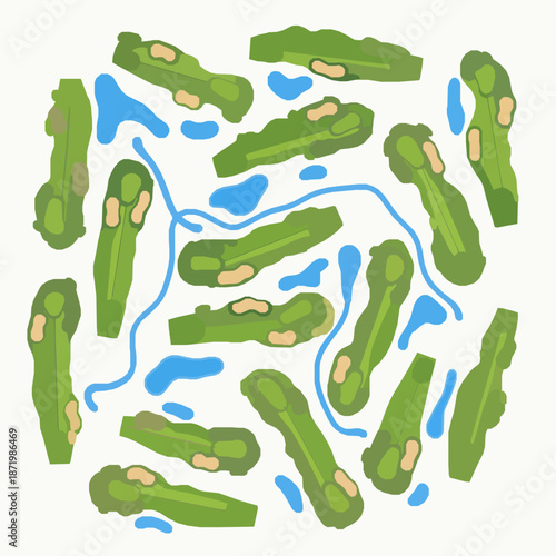Golf Course Map Vector Illustration with 18 Holes Water Hazards and Sand Bunkers in Flat Style