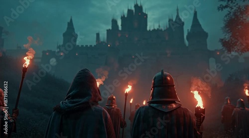 Group of Medieval Knights and a Hooded Figure Holding Torches Looking Toward a Dark Gothic Castle at Night
