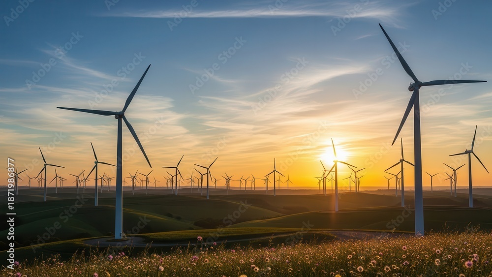Obraz premium Wind turbines silhouetted against a vibrant sunset.