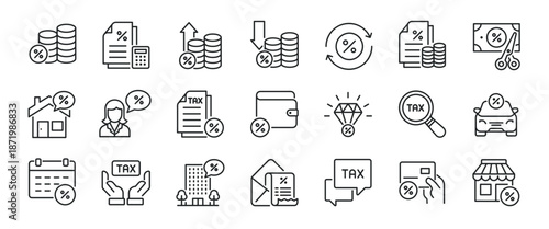 Tax thin line icons. Editable stroke. Icon for design infographic, website, banner, brochure, presentation, logo, app, ui, ux etc. Vector illustration