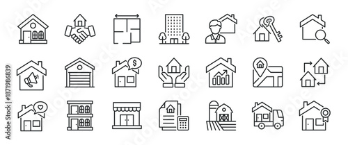 Real Estate thin line icons. Editable stroke. Icon for design infographic, website, banner, brochure, presentation, logo, app, ui, ux etc. Vector illustration