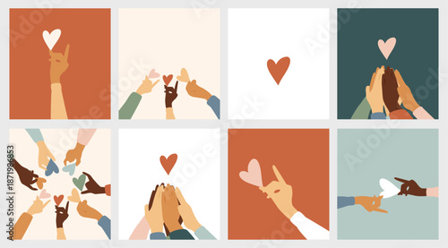 Set of cards with hands and hearts.