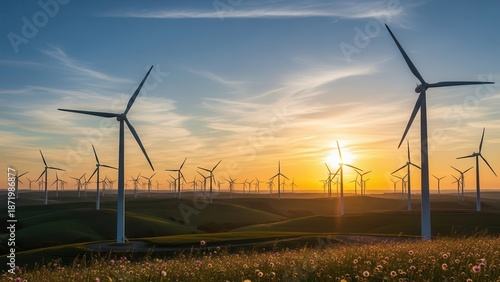 Wind turbines silhouetted against a vibrant sunset.