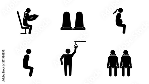 A vector set of various stick figure icons representing passengers and rules in public transport. Includes people sitting, a pregnant woman and commuters holding handles.