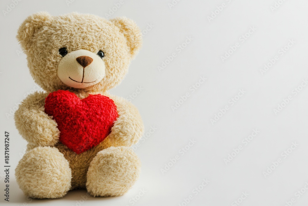 Obraz premium Cute heart display, Simple promotional image showcasing teddy holding red heart on white background, Ecommerce hero shot of cuddly teddy bear clutching vibrant red heart against plain white backdrop