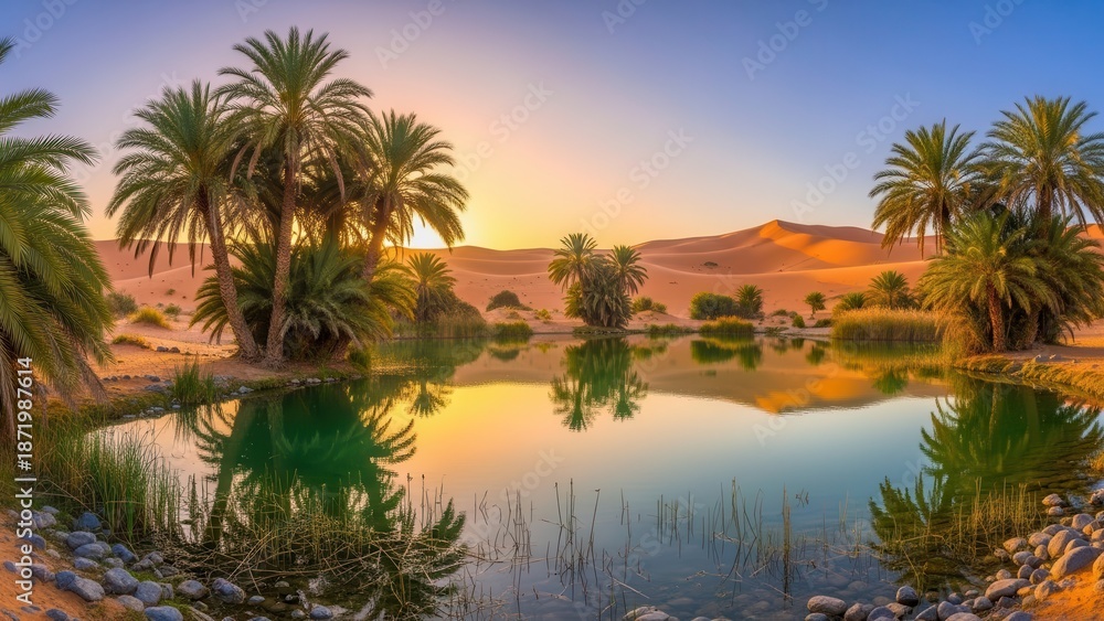 custom made wallpaper toronto digitalTranquil oasis with palm trees and sand dunes at sunrise.