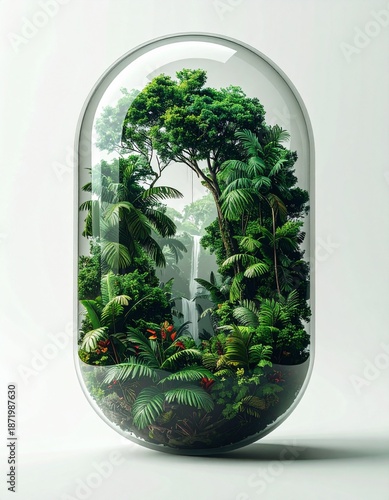 3D ecological concept of green planet earth featuring a forest inside a transparent capsule on a white background