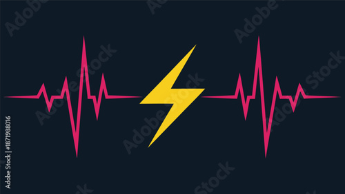 Vibrant Yellow Lightning Bolt and Pink Heartbeat EKG Line Graphic Vector Illustration on Dark Background