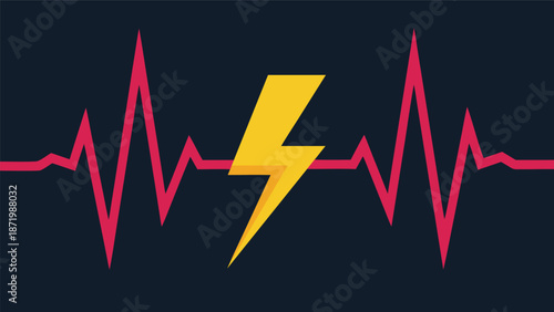 Modern abstract vector illustration of a bright yellow lightning bolt superimposed on a red heartbeat line, representing energy and vitality