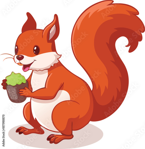 A charming cartoon squirrel gleefully holds a tiny frosted cupcake in its paws