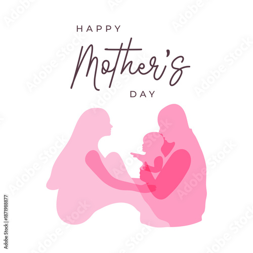 Mother's Day illustration, silhouettes of mother and child, father, modern minimalist flat design, pink gradient abstract shapes, love and family concept, white background, vector.
