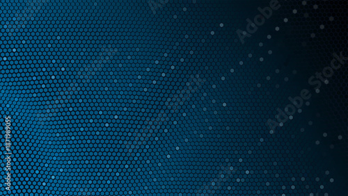 Abstract dark blue background featuring a hexagon grid pattern transitioning into scattered dots. Ideal for modern designs and digital projects.