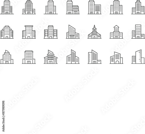 Large set of outline icons featuring various building architectures including office towers, residential apartments, skyscrapers, and government buildings.
