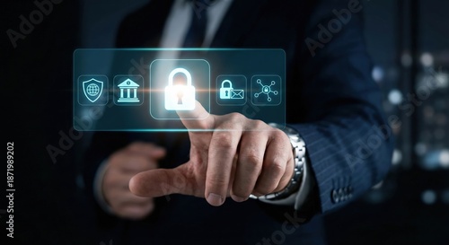 Wallpaper Mural Professional adult man in a suit indoors touching a glowing holographic padlock icon for cybersecurity and data protection concept in a dark futuristic office setting. Torontodigital.ca