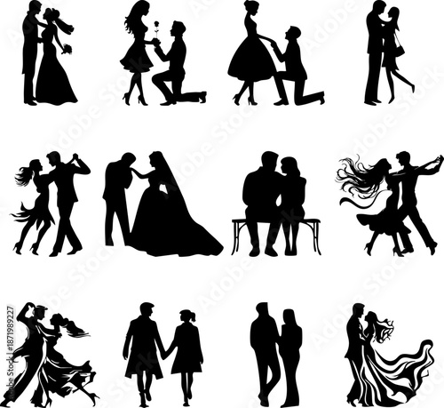 Black vector silhouettes of men and women walking shopping and dancing together as a stylish group illustration