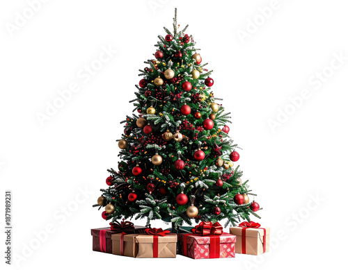 Festive evergreen tree decorated with ornaments, gifts at the base