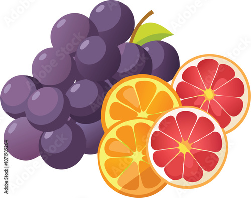 A vibrant and colorful arrangement of fresh grapes oranges and grapefruit slices high quality