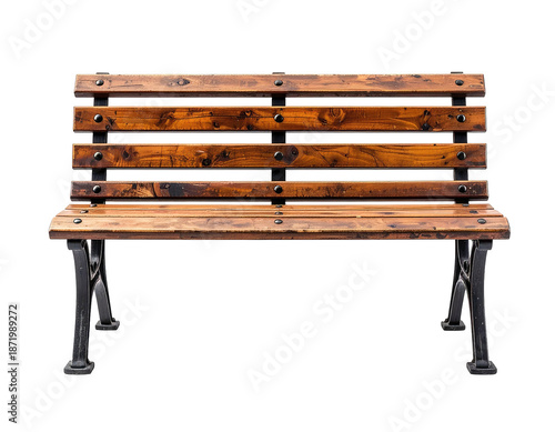 A wooden park bench with black metal legs isolated on a black background