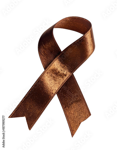 A textured, brown satin ribbon tied in a looped, awareness-style bow
