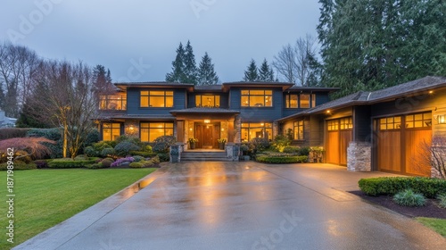Modern luxury house exterior with illuminated windows and a long driveway