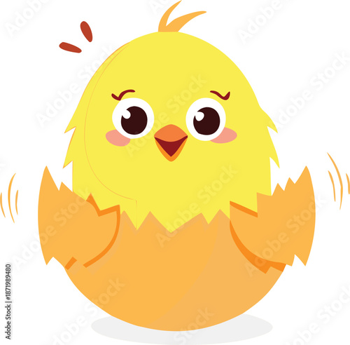 a freshly hatched yellow chick emerging from a broken eggshell with a new