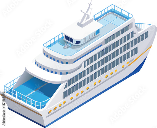Isometric illustration of a white cruise ship with blue accents viewed from an