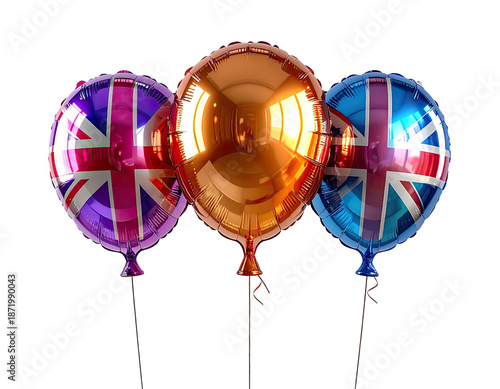 Three colorful balloons, two with flags, against a black background