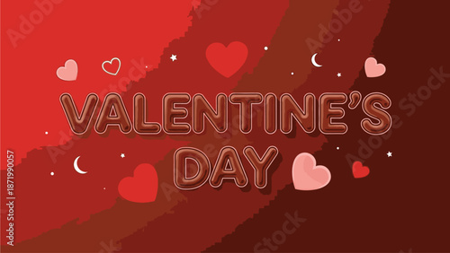 Graphic design featuring Valentine's Day text with hearts on a red background with a mix of pink and white hearts and crescent moons.