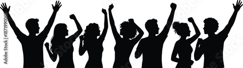 Silhouette of Seven People Raising Arms in Unity, Protest, or Celebration for Social, Cultural, or Political Expression and Solidarity